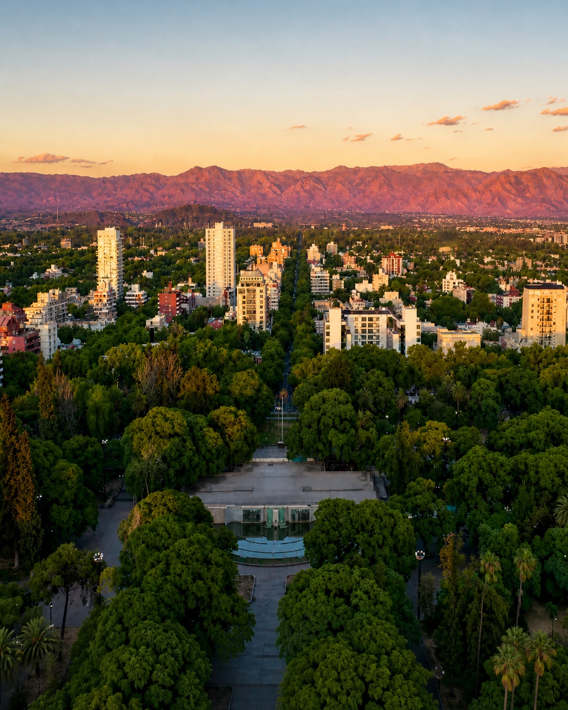 Vista aérea de Mendoza al atardecer con la cordillera de los Andes y el Parque San Martín